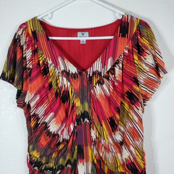 Worthington Womans Top 1X  Multicolor Pleated V-Neck Draping Short Sleeve Shirt - Picture 3 of 7